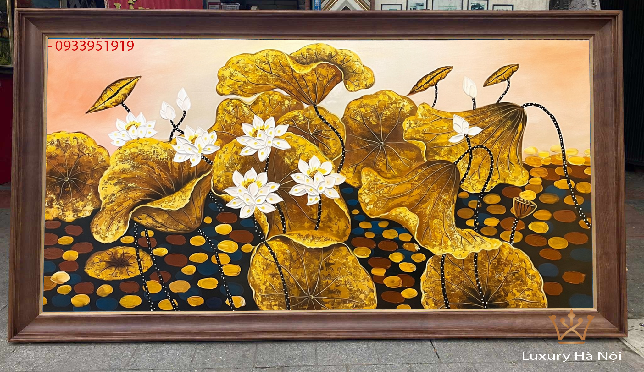 Tranh sơn dầu hoa sen hiện đại treo phòng khách phú quý tài lộc 2 tranh son dau hoa sen